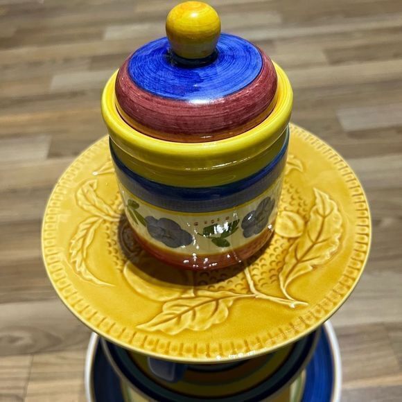 Beautiful Plate Mug Jar Dinnerware Three Tiered Serving‎ Tower Decor Blue Yellow - Picture 2 of 9